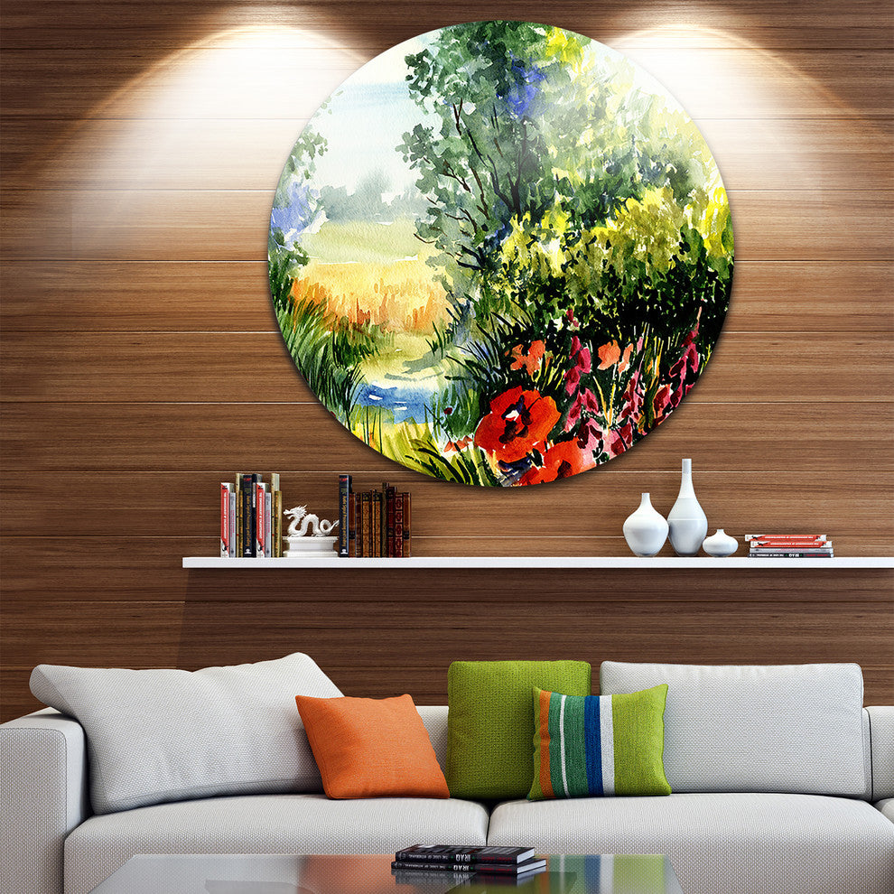 Watercolor Landscape With Flowers, Landscape Round Wall Art, 11"