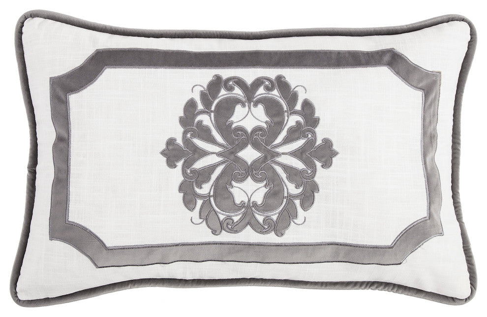 Oblong Linen Pillow With Velvet Embroidery, 16"x26", Gray