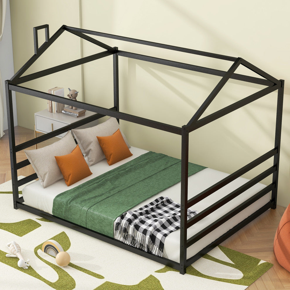 Gewnee Metal House Shape Platform Bed, Black, Queen