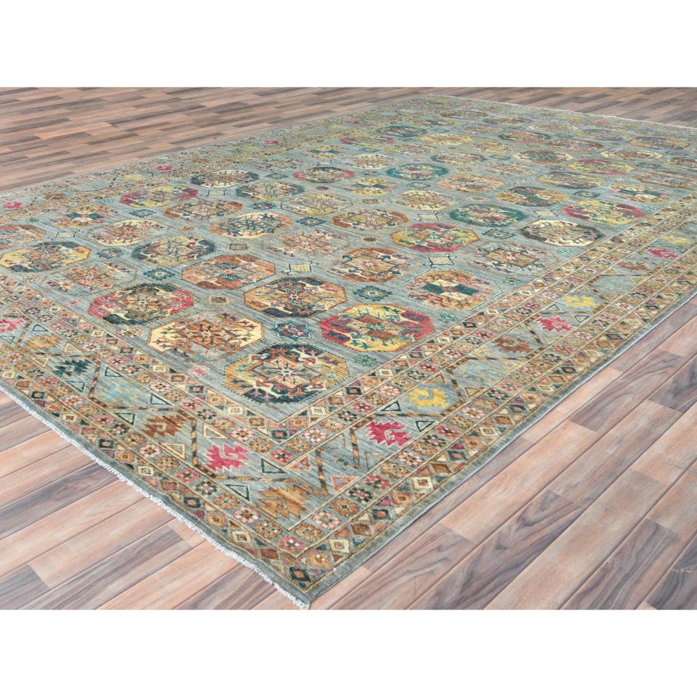 Silver Blue, Afghan Super Kazak Pure Wool Hand Knotted Rug, 9'9"x14'1"