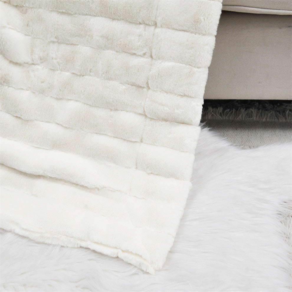 Super Mink Faux Fur Throw Blanket, Ivory, 50"x60"