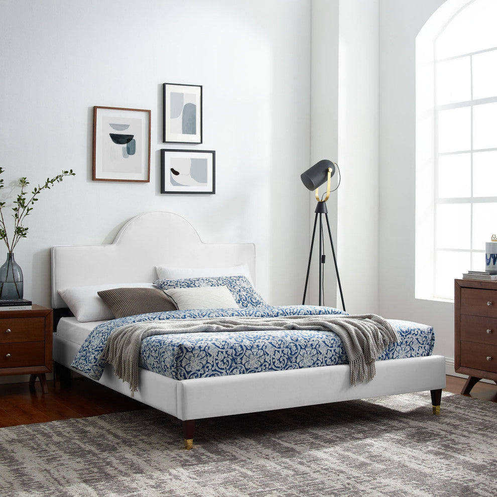Platform Bed Frame, King Size, White, Velvet, Modern, Bedroom Guest Suite