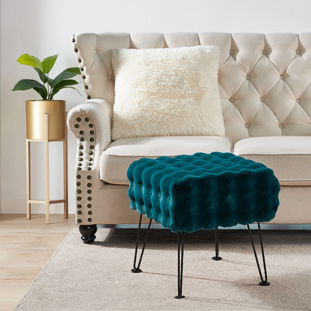 Bubble Square Faux Fur Ottoman Stool, Teal, 17''x17''x17''
