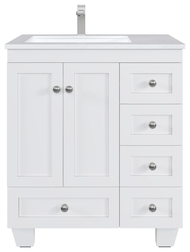 Eviva Happy 30"W White Bathroom Vanity with White Carrara Quartz Countertop