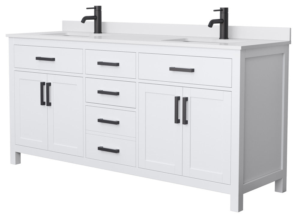 72"DBL Bath Vanity White, White Cult. Marble Countertop, Sinks, Black Trim