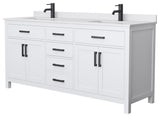72"DBL Bath Vanity White, White Cult. Marble Countertop, Sinks, Black Trim
