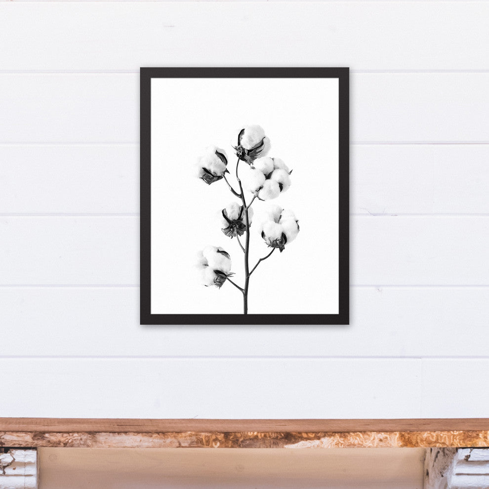Black and White Cotton Stem 16x20 Black Framed Canvas