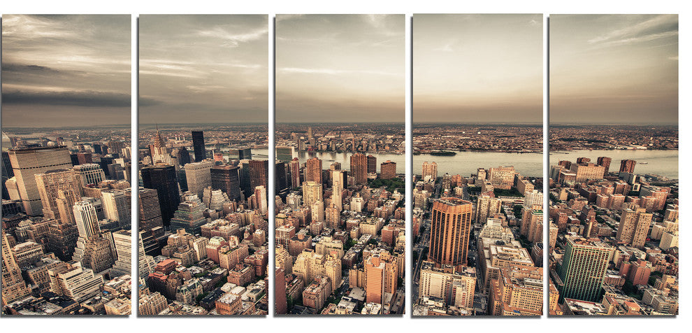 Manhattan Skyscrapers Aerial View, Cityscape Canvas Print, 60"x28", 5 Panels