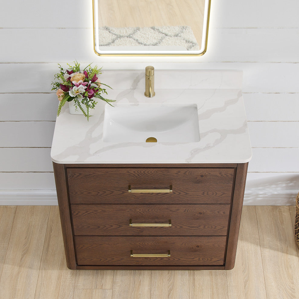 Porto Bath Vanity with White Quartz Stone Top, Dark Brown Oak, 36 in., No Mirror