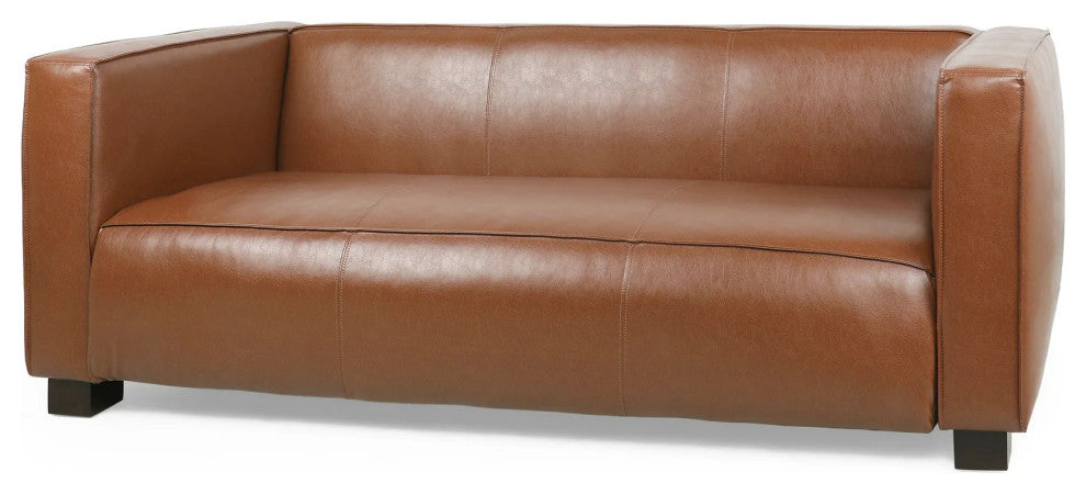 Contemporary Sofa, Faux Leather Upholstered Seat With Tuxedo Arms, Cognac Brown