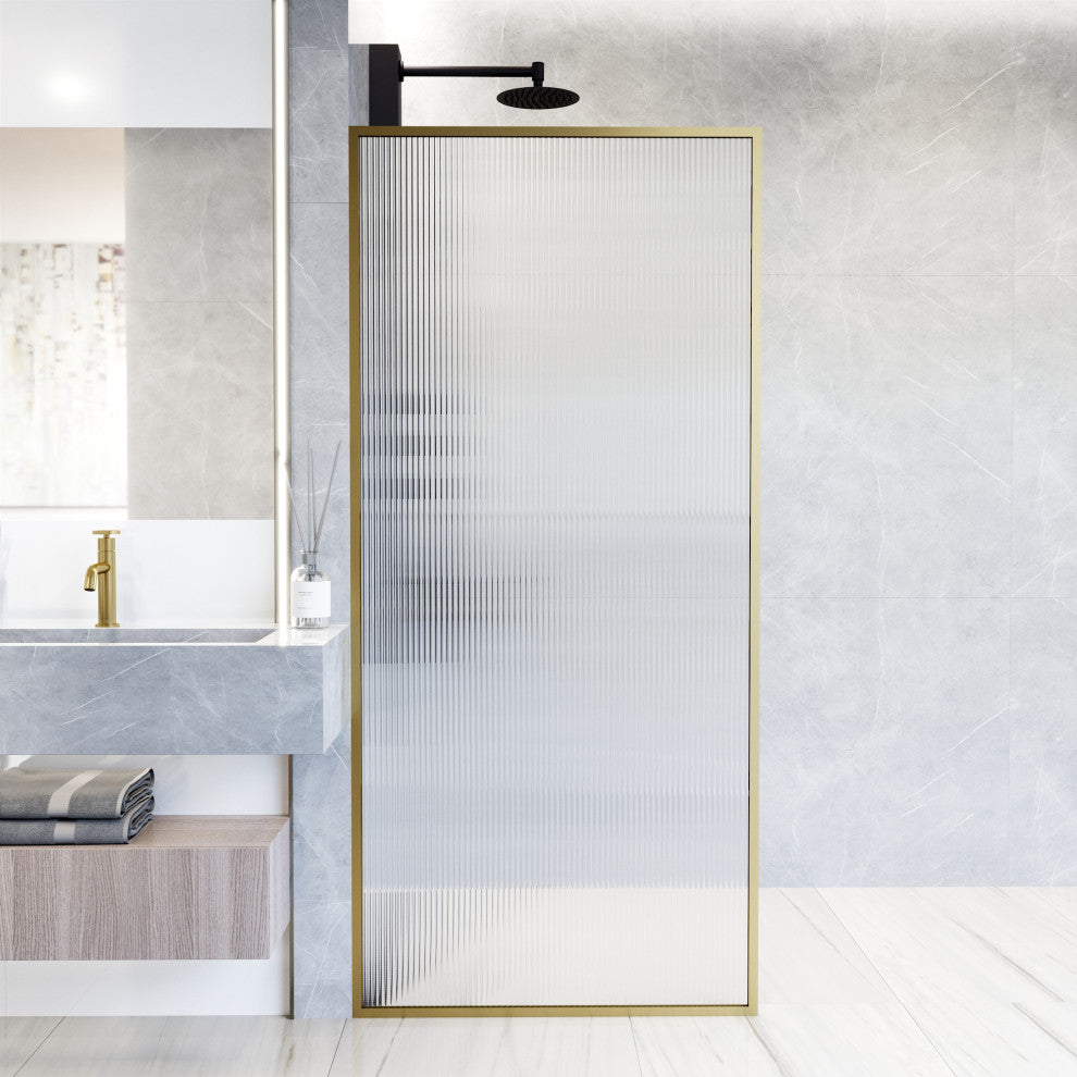 VIGO Meridian Framed Fixed, Matte Brushed Gold, Shower Screen, 34" W X 74" H, Fluted Glass