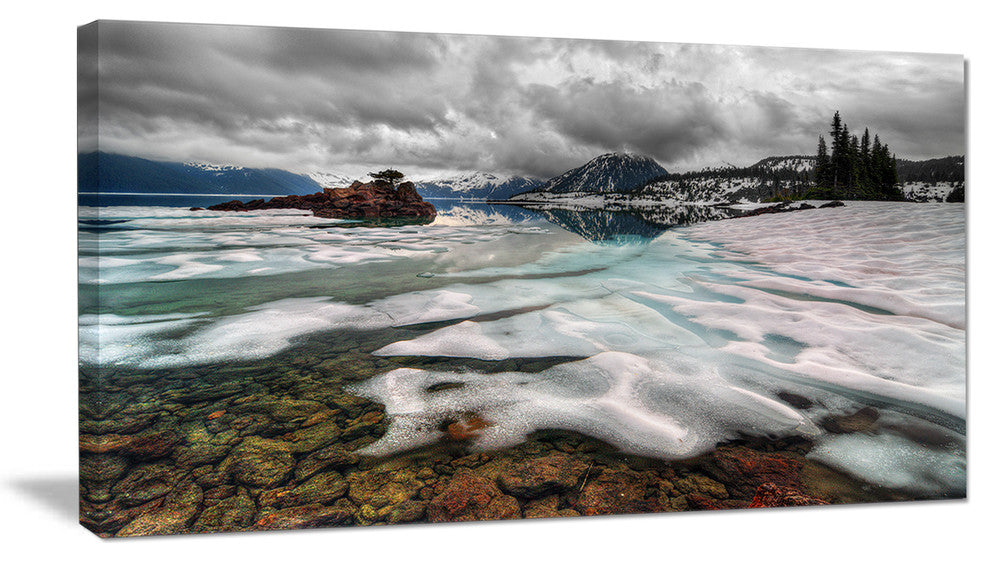 Frozen Mountain Lake Shore, Large Landscape Canvas Art, 32"x16"