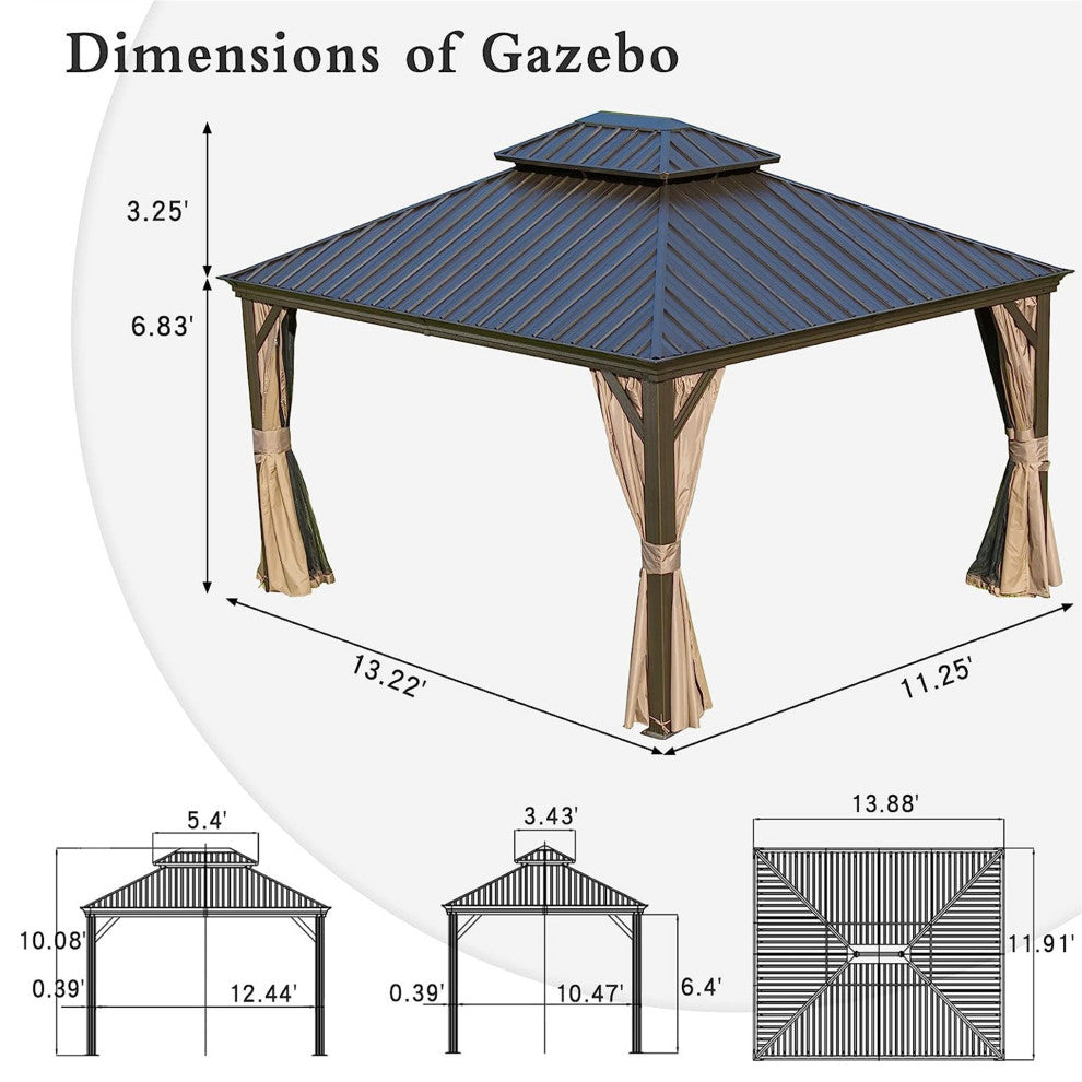 Hardtop Gazebo, Aluminum Frame Canopy with Galvanized Steel Double Roof, Brown