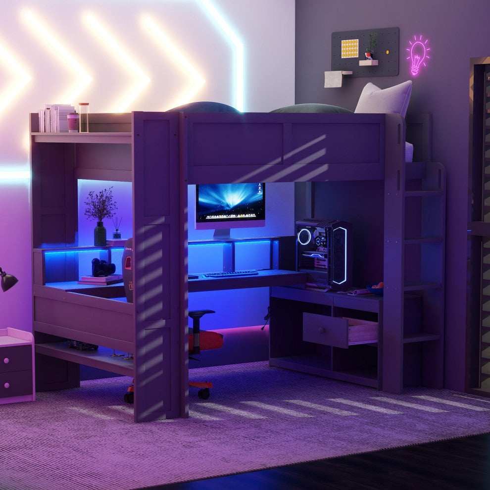 Gewnee Wood Full Size Gaming Loft Bed with Desk