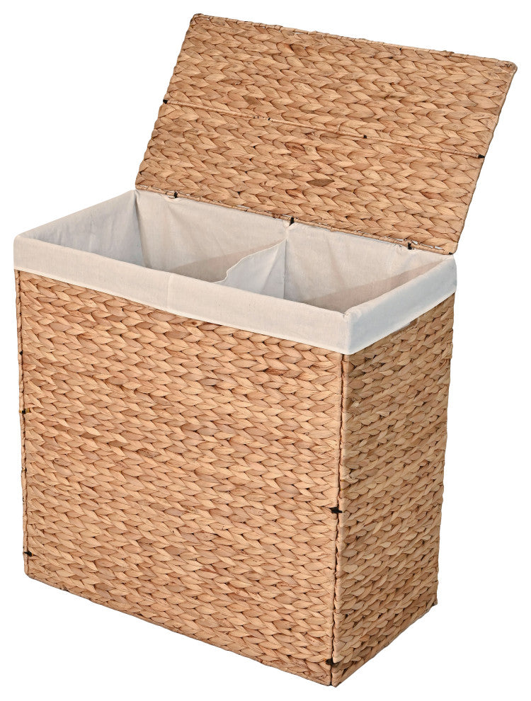 Sawyer Handwoven Hyacinth 2-Section Collapsible Laundry Hamper, Washable Liner