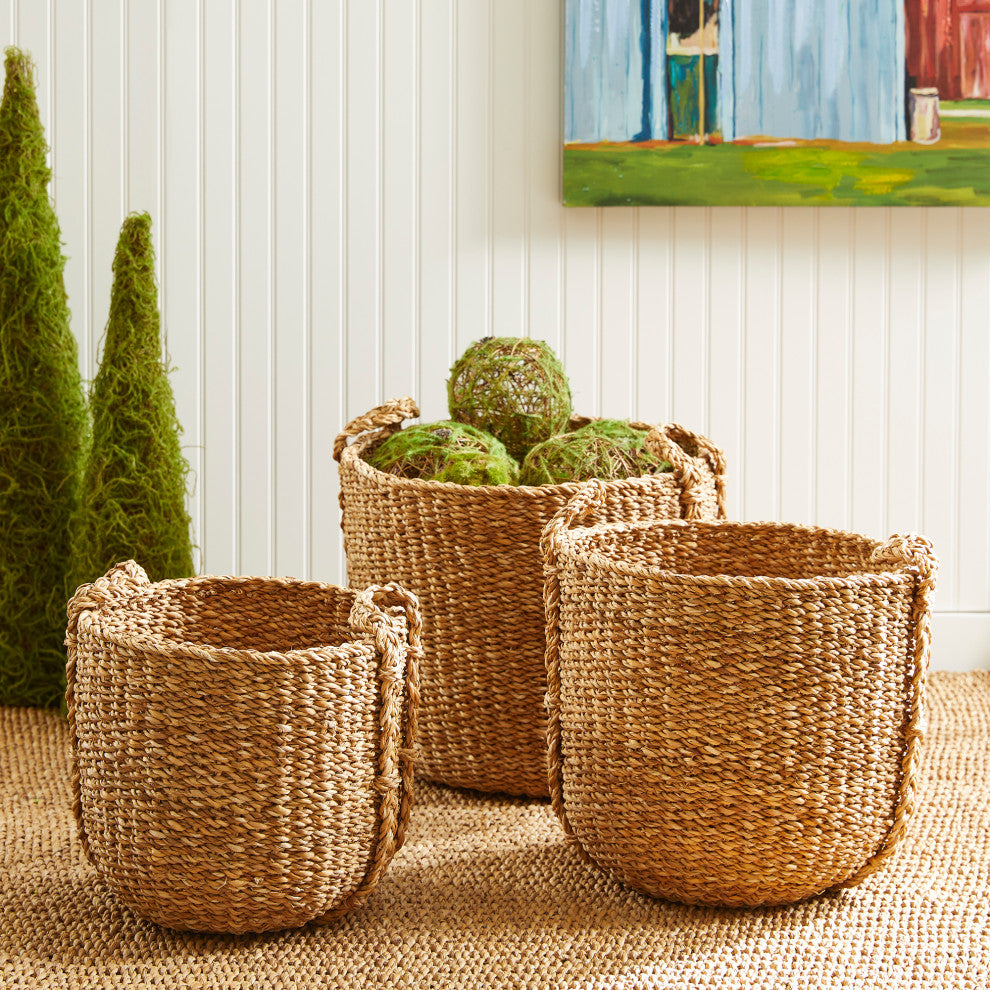 Set of 3 Contemporary Casual Natural Sea Grass Round Tote Baskets Handles Large