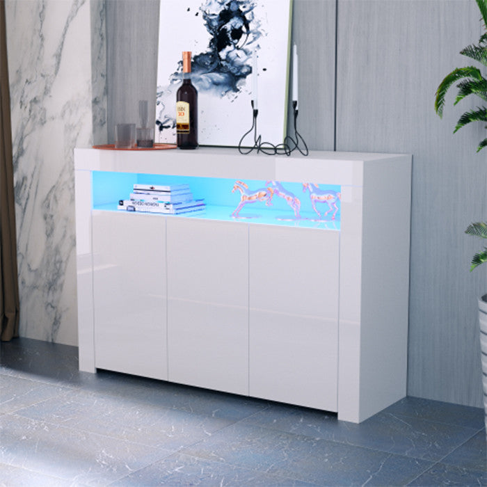 White sideboard TV storage table modern kitchen cabinet with 16 RGB LEDs