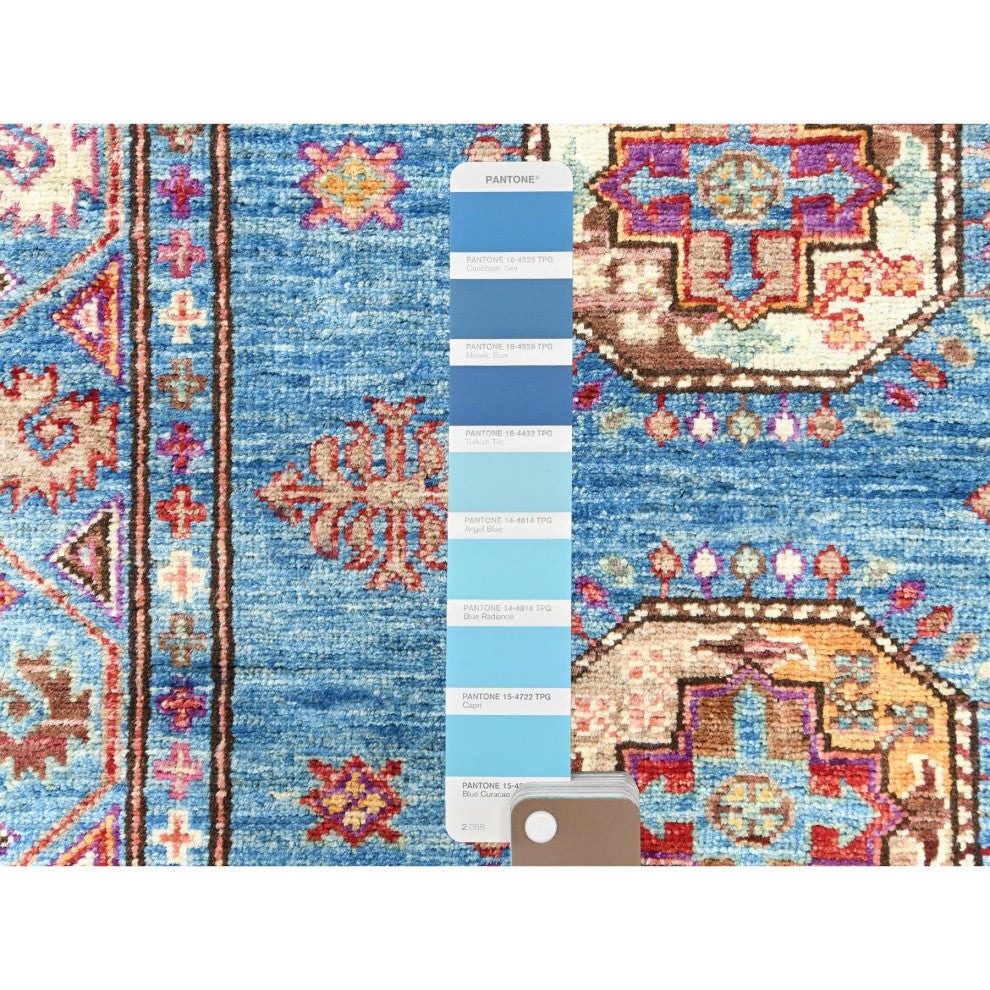 Steel Blue Afghan Super Kazak Wool Hand Knotted Runner Oriental Rug, 2'7"x9'9"
