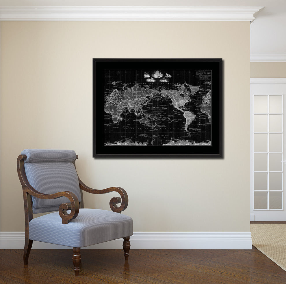 World Vintage Monochrome Map Print On Canvas With Black Custom Frame, 16" X 21"