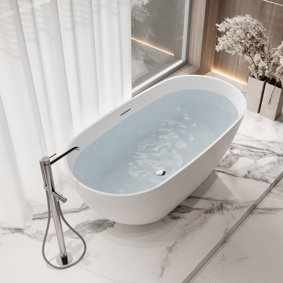 59" Streamline NS5860CH Matte White Stone Resin Bathtub, Tray With Chrome Drain