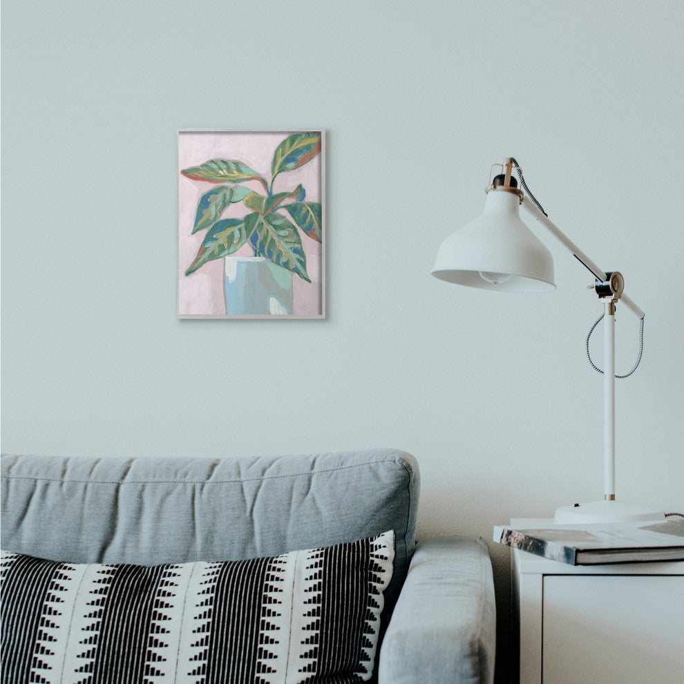 Potted Plant Pink Green Painting, 11"x14", Gray Frame