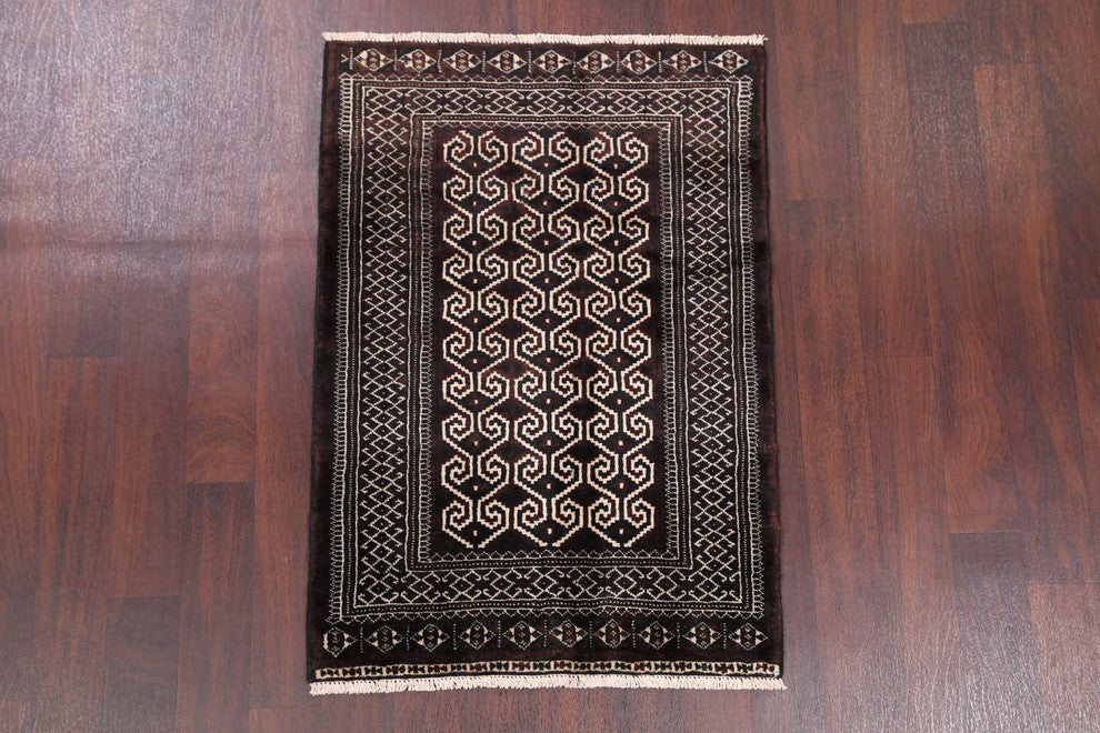 Hand Made Persian Traditional Turkoman Oriental Area Wool Rug, Brown, 4'0"X2'10"