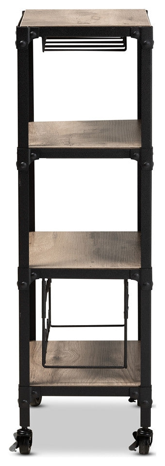 Industrial Style Metal Distressed Oak Finished Wood Mobile Kitchen Bar Wine Cart