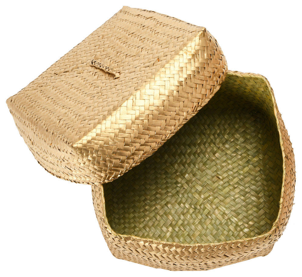 Hand-Woven Seagrass Baskets With Lids, Gold, 3-Piece Set