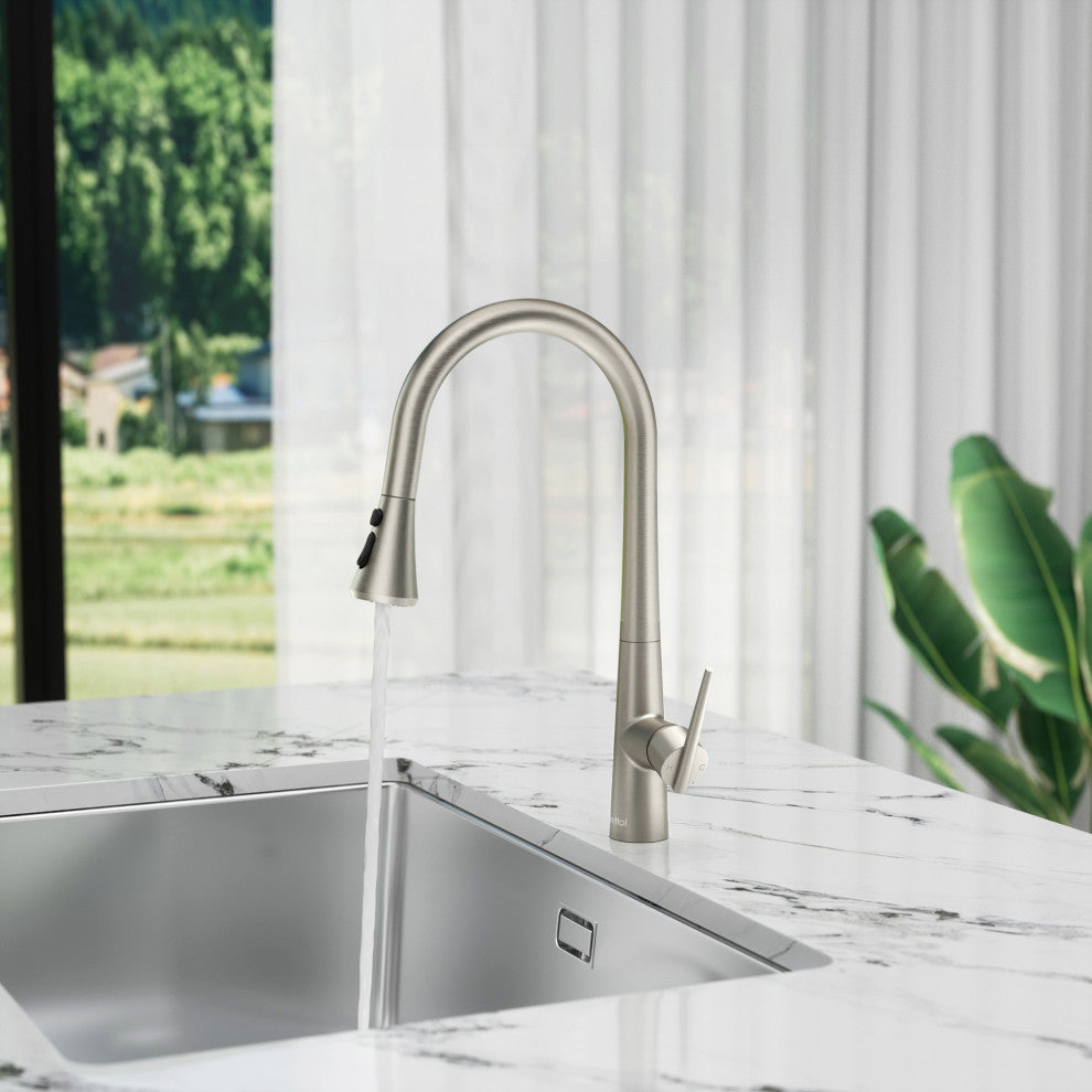 1-Handle Deck Mounted Pull Down Brass Kitchen Faucet, Brushed Nickel
