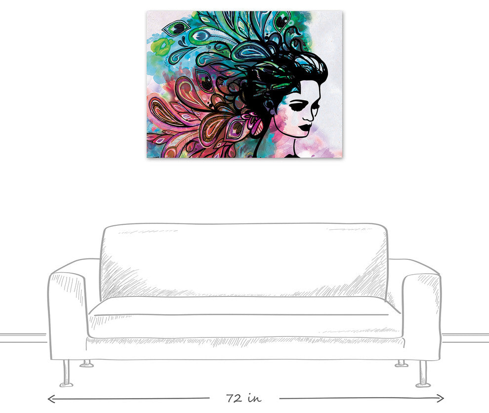 Woman With Watercolor Peacock Feather Hair 30x40 Canvas Wall Art