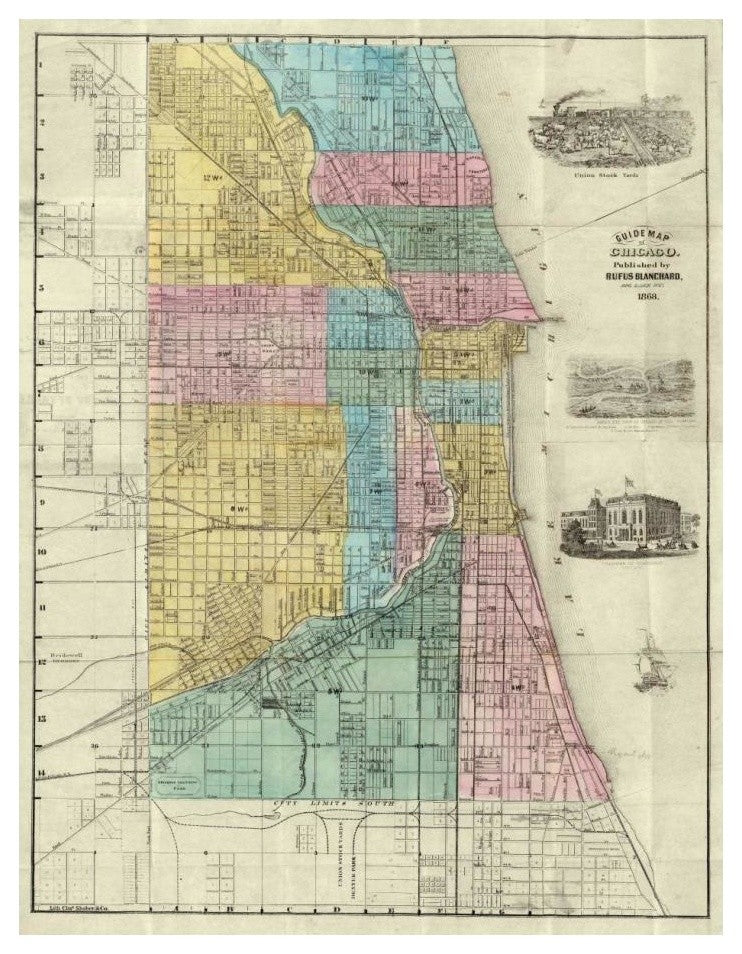 "Guide Map of Chicago, 1869" Digital Paper Print by Rufus Blanchard, 19"x24"
