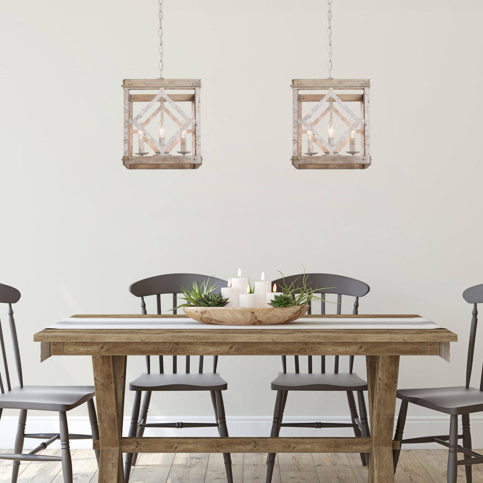 LALUZ 4-Lights Antique White Wood Farmhouse Square Chandelier