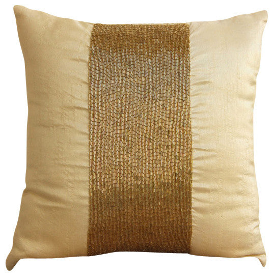 Metallic Beaded 18x18 Art Silk Gold Throw Pillows Cover for Couch, Gold Center
