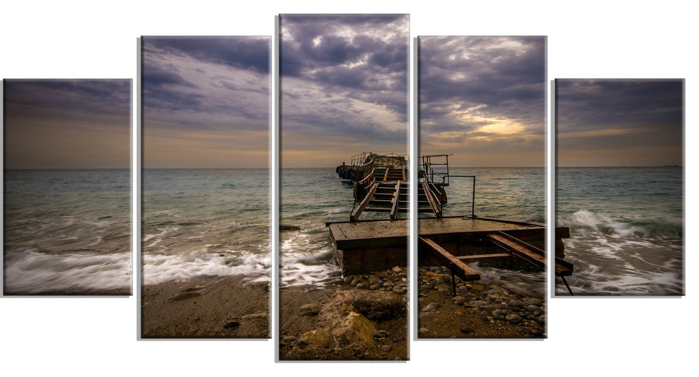 "Broken Wooden Pier For Boats" Sea Bridge Canvas Wall Artwork, 5 Panels, 60"x32"