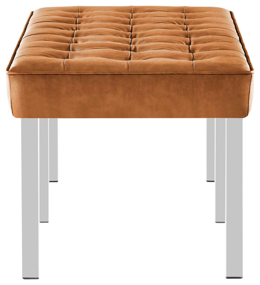 Loft Tufted Large Upholstered Faux Leather Bench Silver Tan