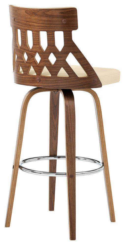 26" Cream Faux Leather Curved Back Walnut Wood Swivel Bar Stool