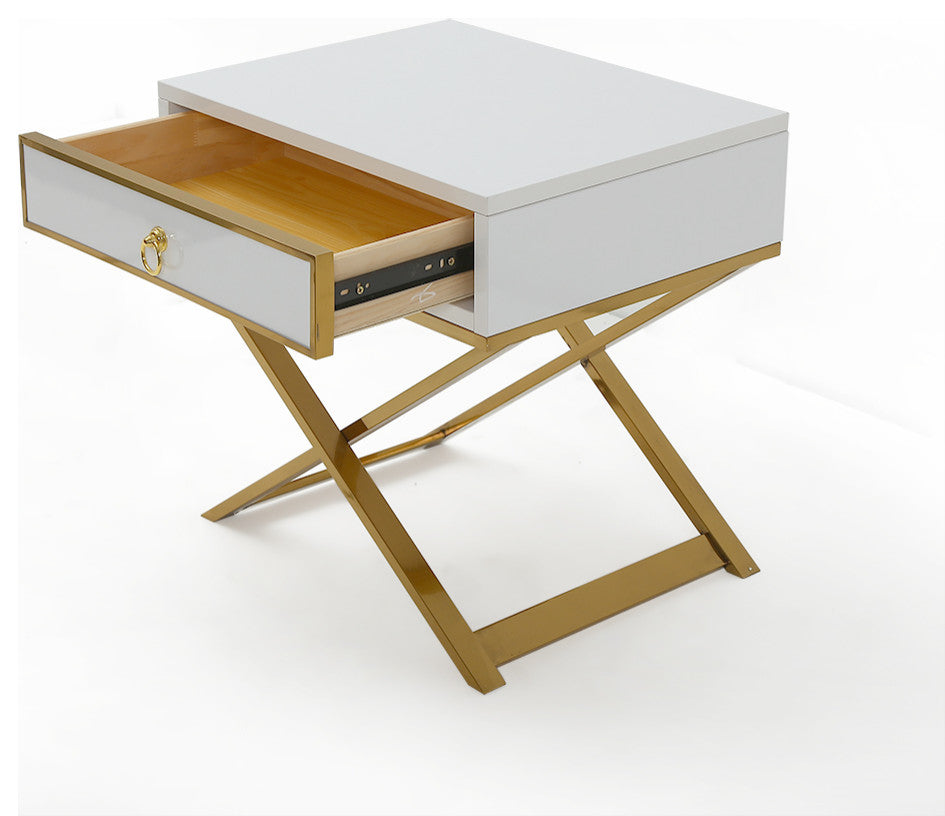 White Nightstand with Drawer Bedside Table with X-Shaped Stainless Steel Base, White