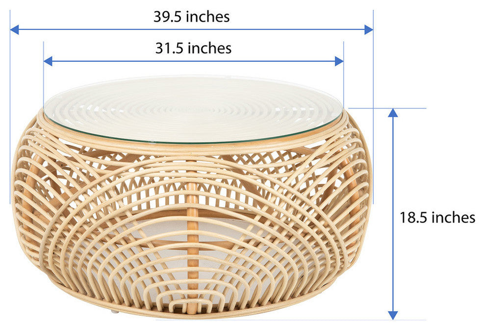 Sibago Rattan Coffee Table With Glass Top, Natural