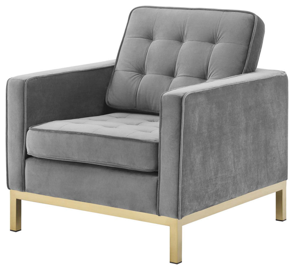 Armchair and Loveseat Sofa Set, Velvet, Gold Gray, Modern, Lounge