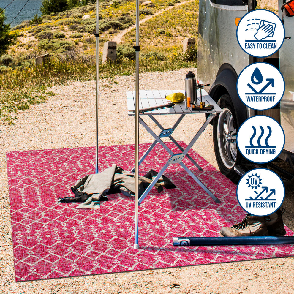 Ourika Moroccan Geometric Indoor/Outdoor Rug, Fuchsia/Light Gray, 5' Square