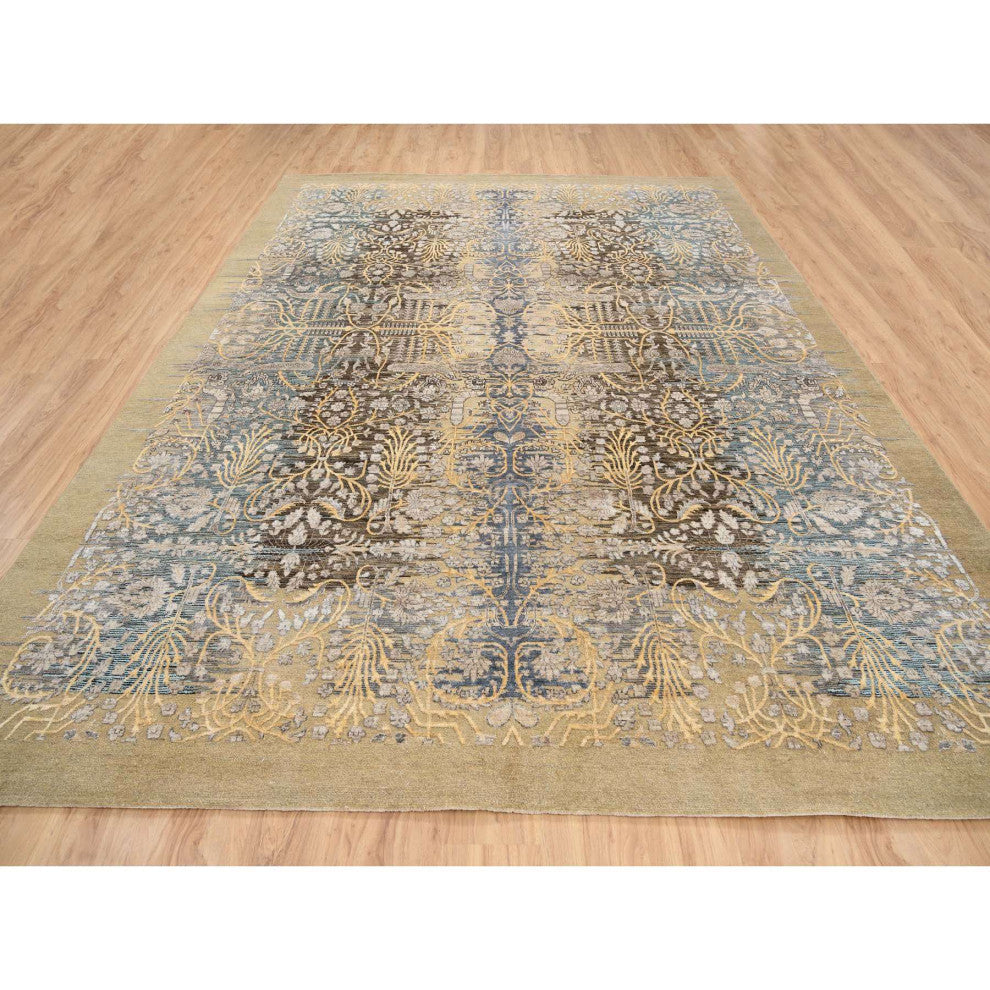 Honey Brown, Silk With Textured Wool, Hand Knotted, Oriental Rug, 9'2" x 12'0"