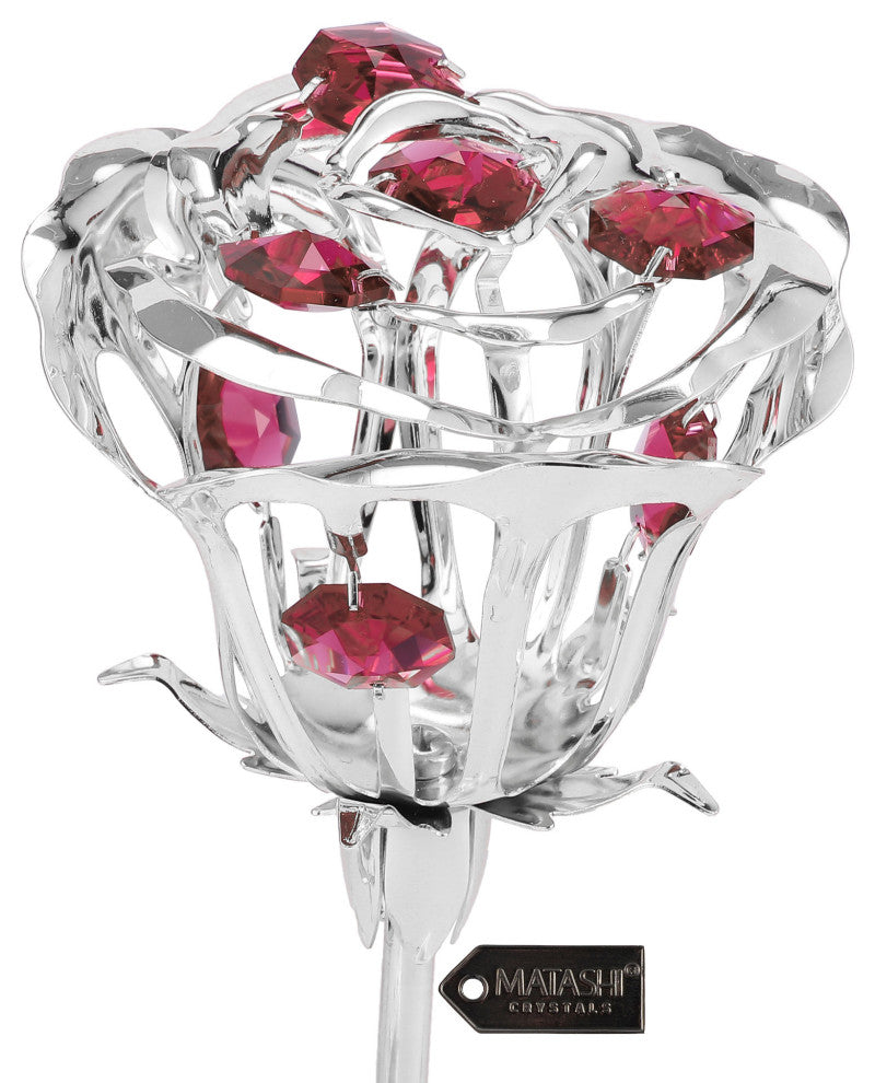 Matashi Silver Plated Rose Flower Tabletop Ornament With Red Pink Green Crystals