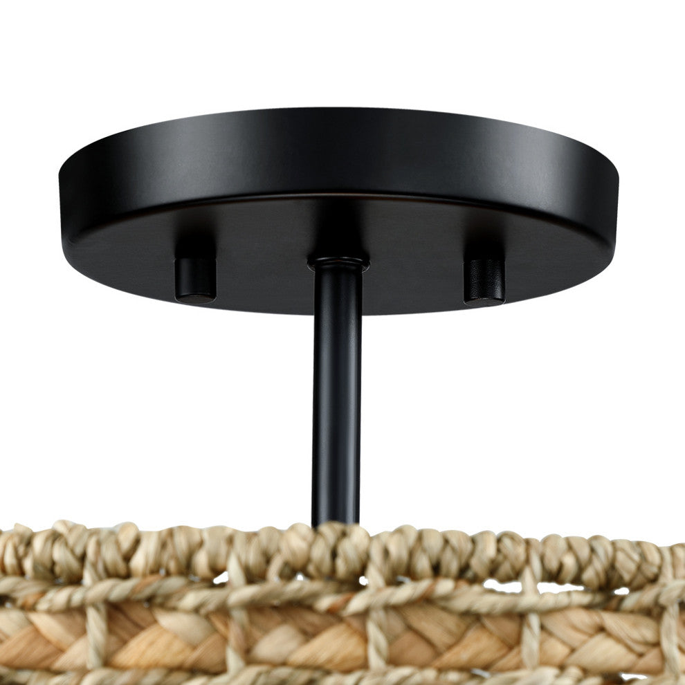 13.6" 2-Light Natural Rattan Semi-Flush Mount Ceiling Light With Black Canopy