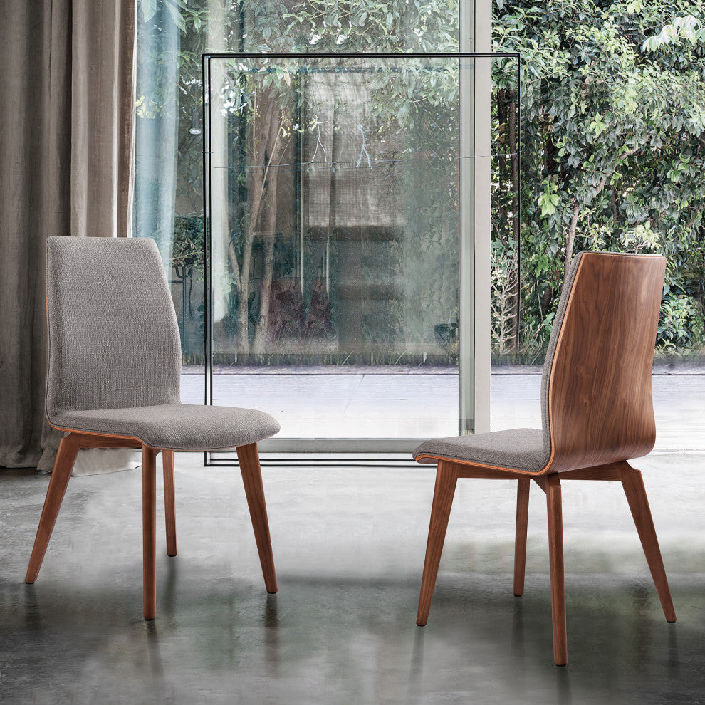 Archie Mid-Century Dining Chair, Walnut Finish and Gray Fabric, Set of 2