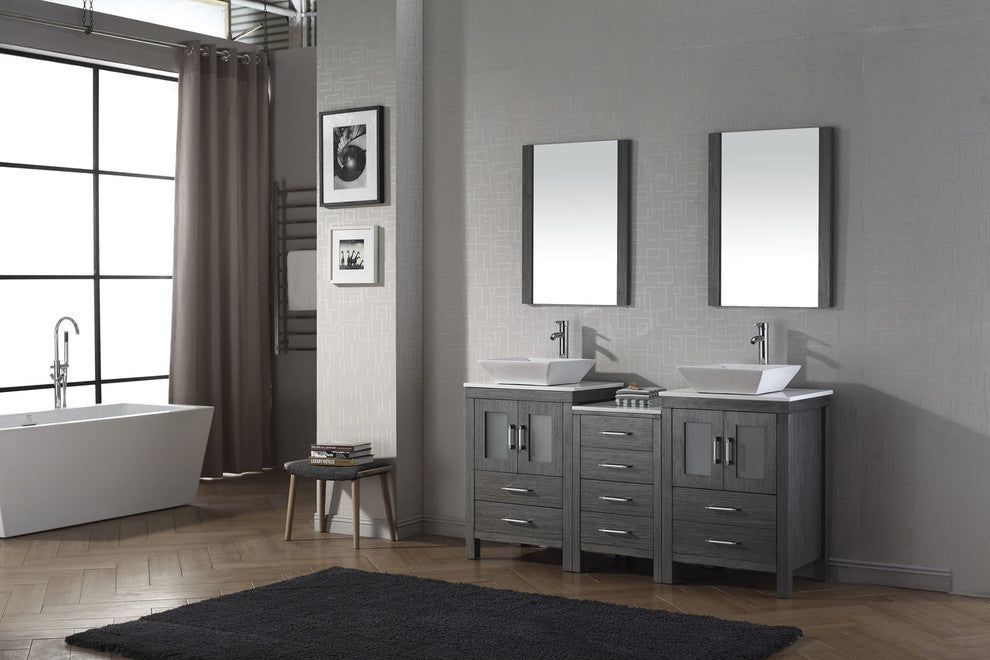 Virtu Dior 66" Double Bathroom Vanity, Zebra Gray With Faucet and Mirrors