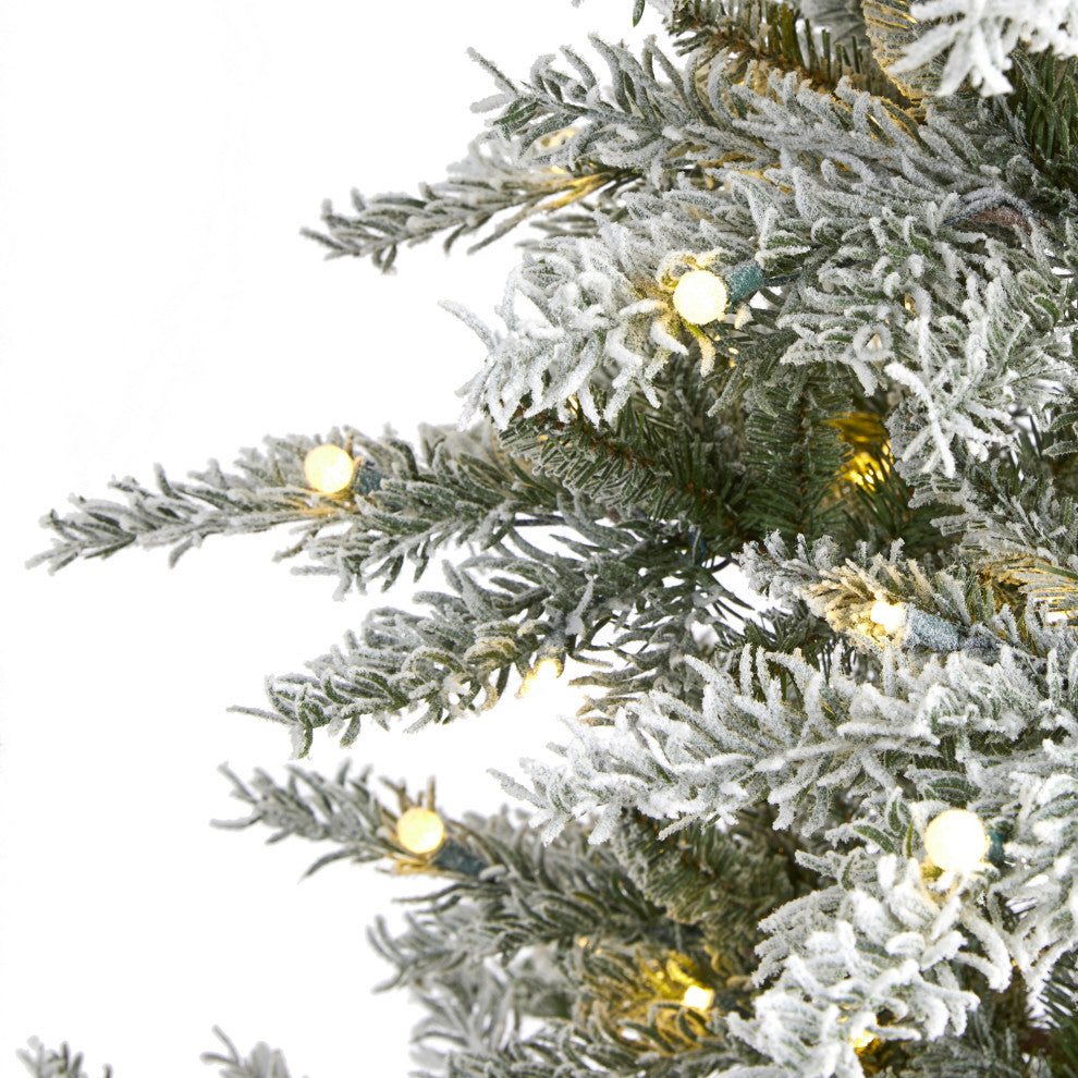 6.5' Slim Flocked Nova Scotia Spruce Faux Xmas Tree W/Lights & Bendable Branches