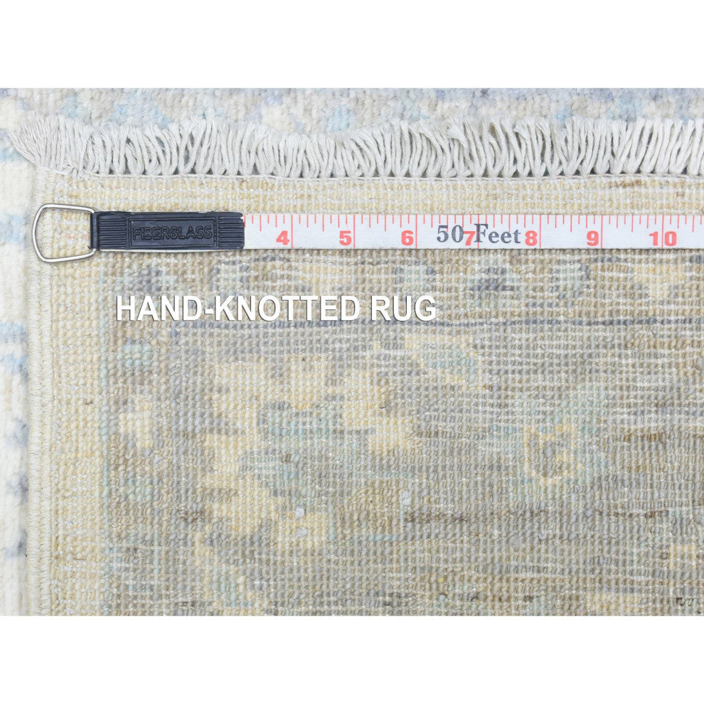 Ivory, Velvety Wool Hand Knotted, White Wash Peshawar Runner Rug, 2'8"x14'4"