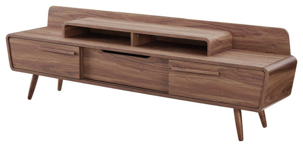 Modern Designer Lounge Media TV Stand Table, Wood, Natural Walnut Brown