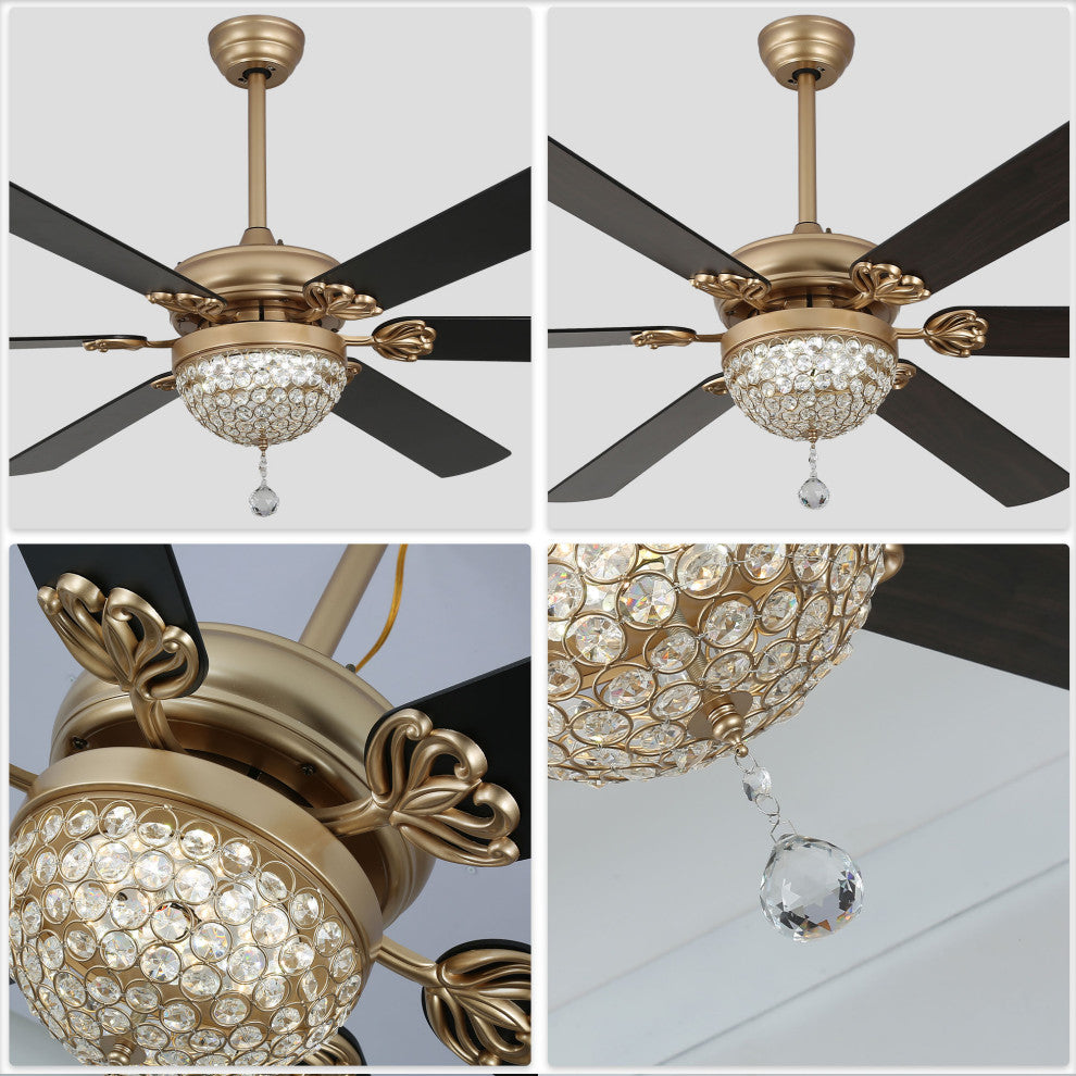 65" Modern Crystal Ceiling Fan with Dimmable LED Light and Remote, Black