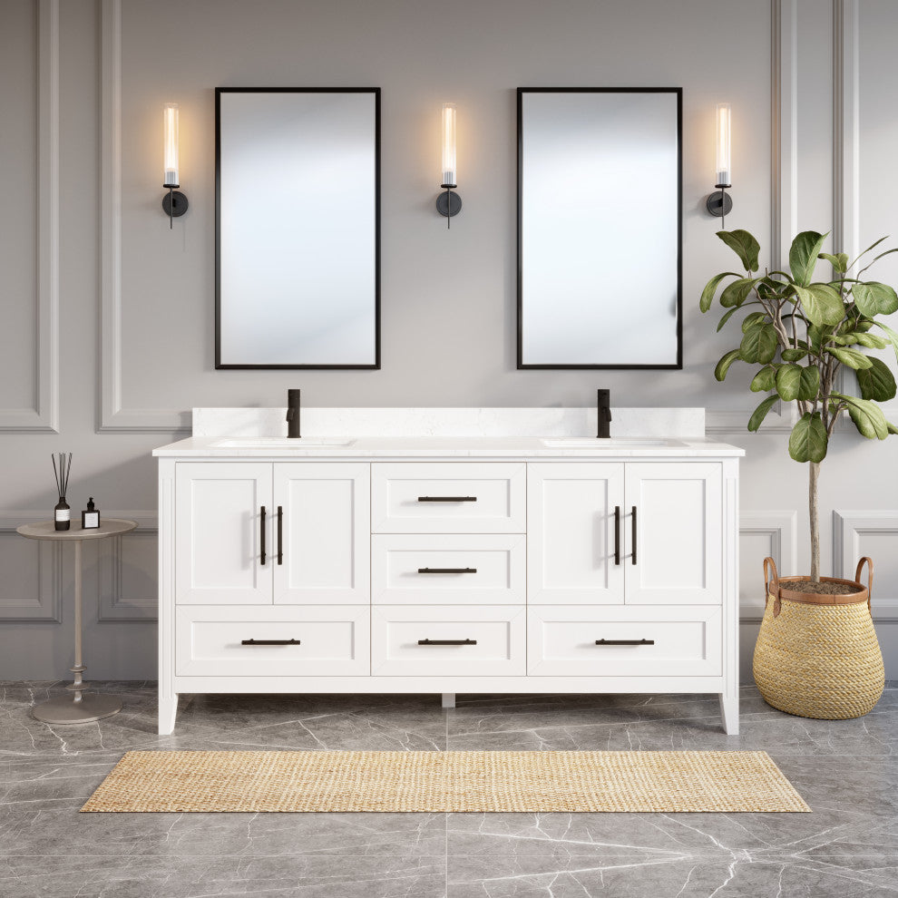 Houston 72" Double Vanity With Power Bar and Drawer Organizer, White